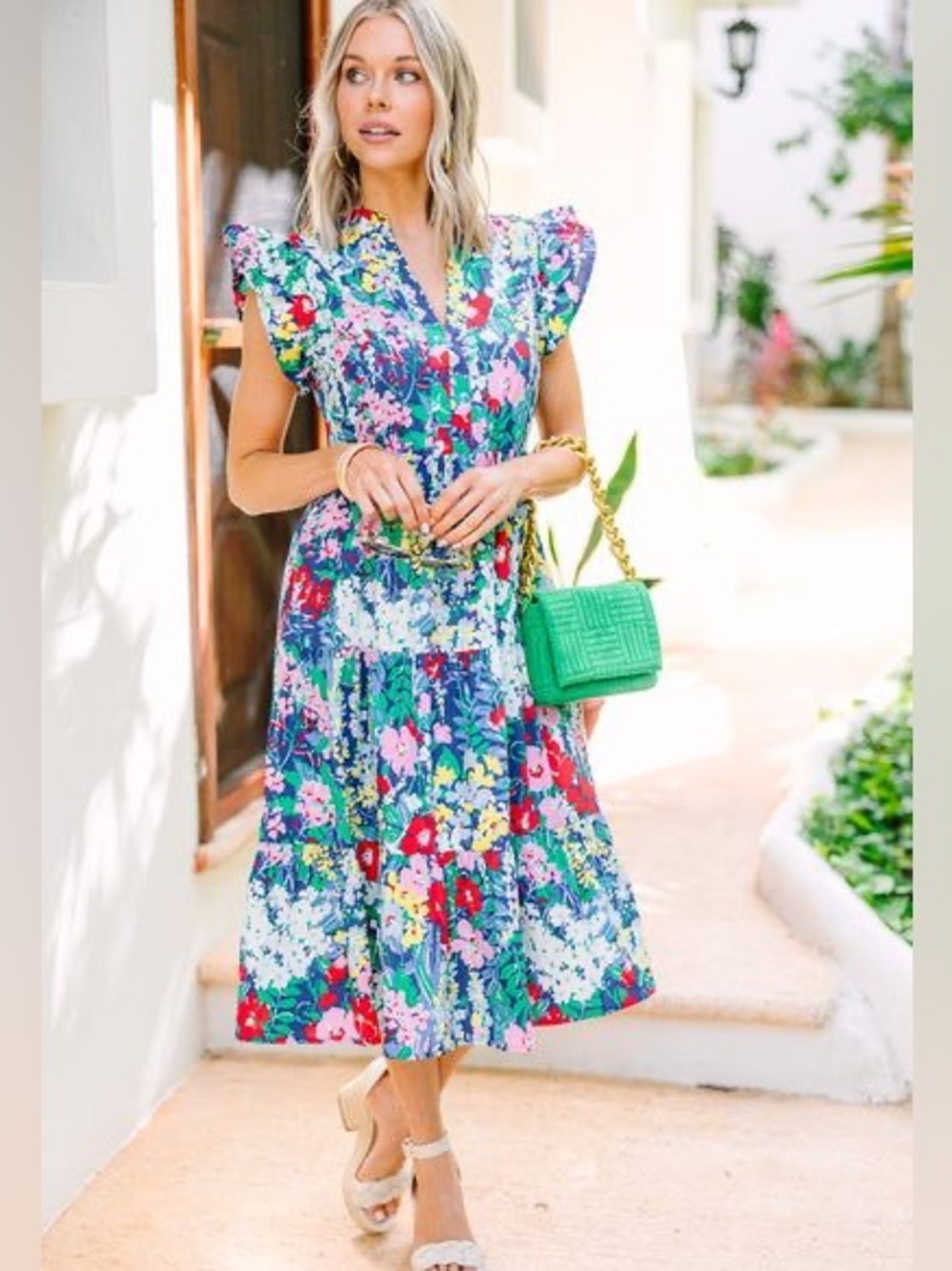 Entro 1X Colorful Floral Midi Flutter Sleeve Dress